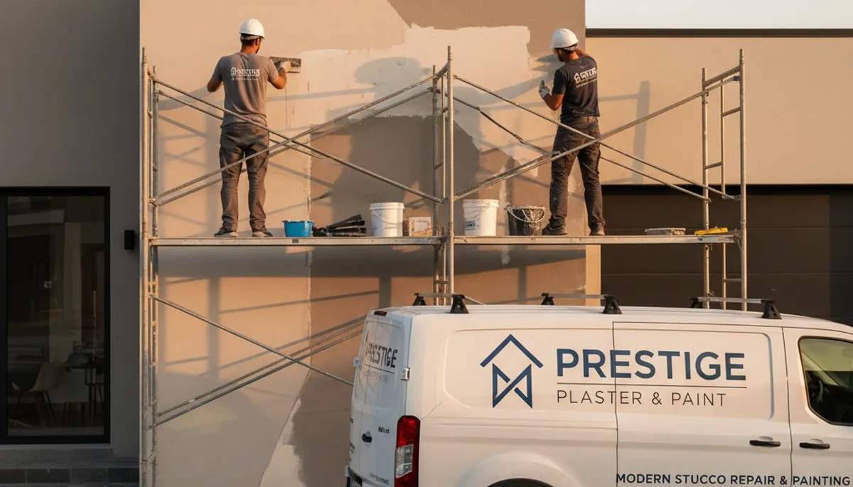 Professional stucco repair on Lafayette, LA home exterior by expert house painters